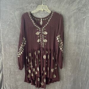 Free People Chocolate Brown Embellished Embroidered Tunic